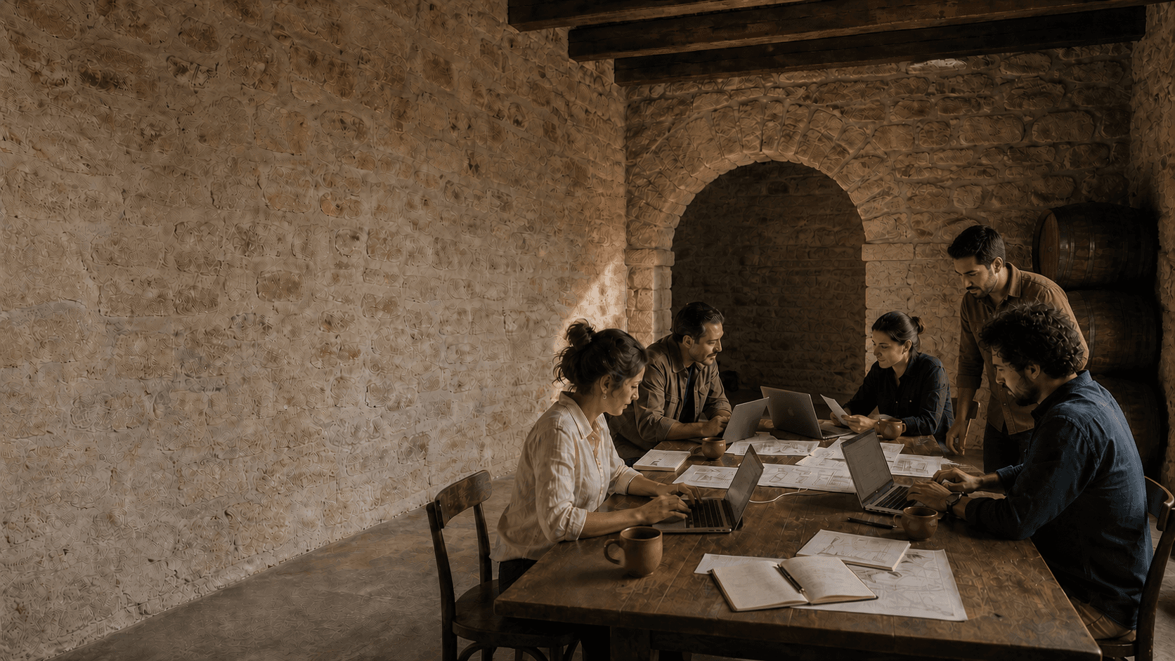 A team works with laptops and drawings at a long table, inside a stone winery with wooden beams and barrels in the background.