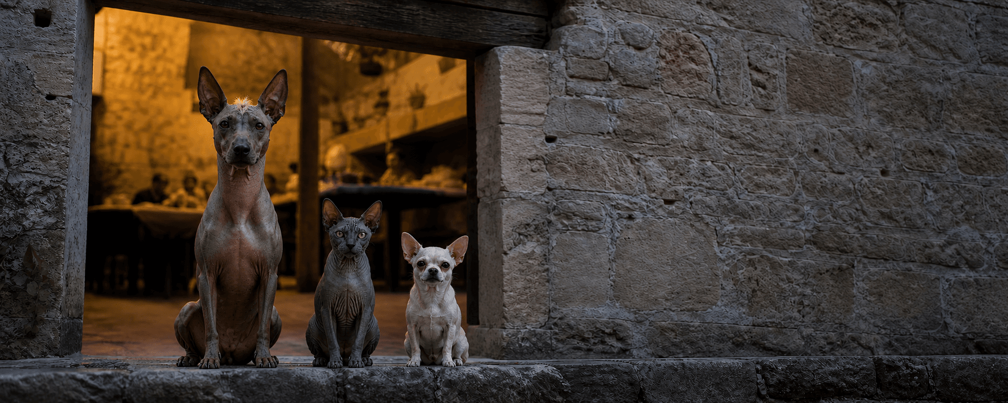 Un xoloitzcuintle, un gato esfinge y un chihuahua sentados en el umbral de una bodega de piedra, con gente trabajando desenfocada detrás.