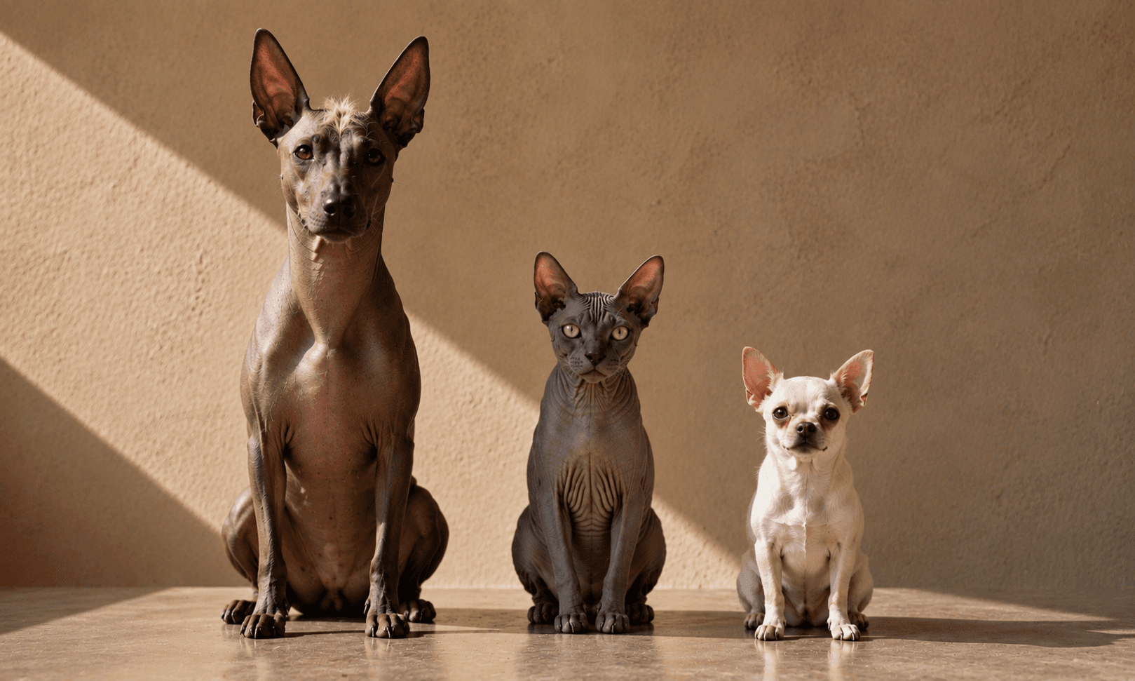 Two hairless dogs and a hairless cat — a xolo, a sphynx and a chihuahua — sitting in a row against a plaster wall, looking at the camera.