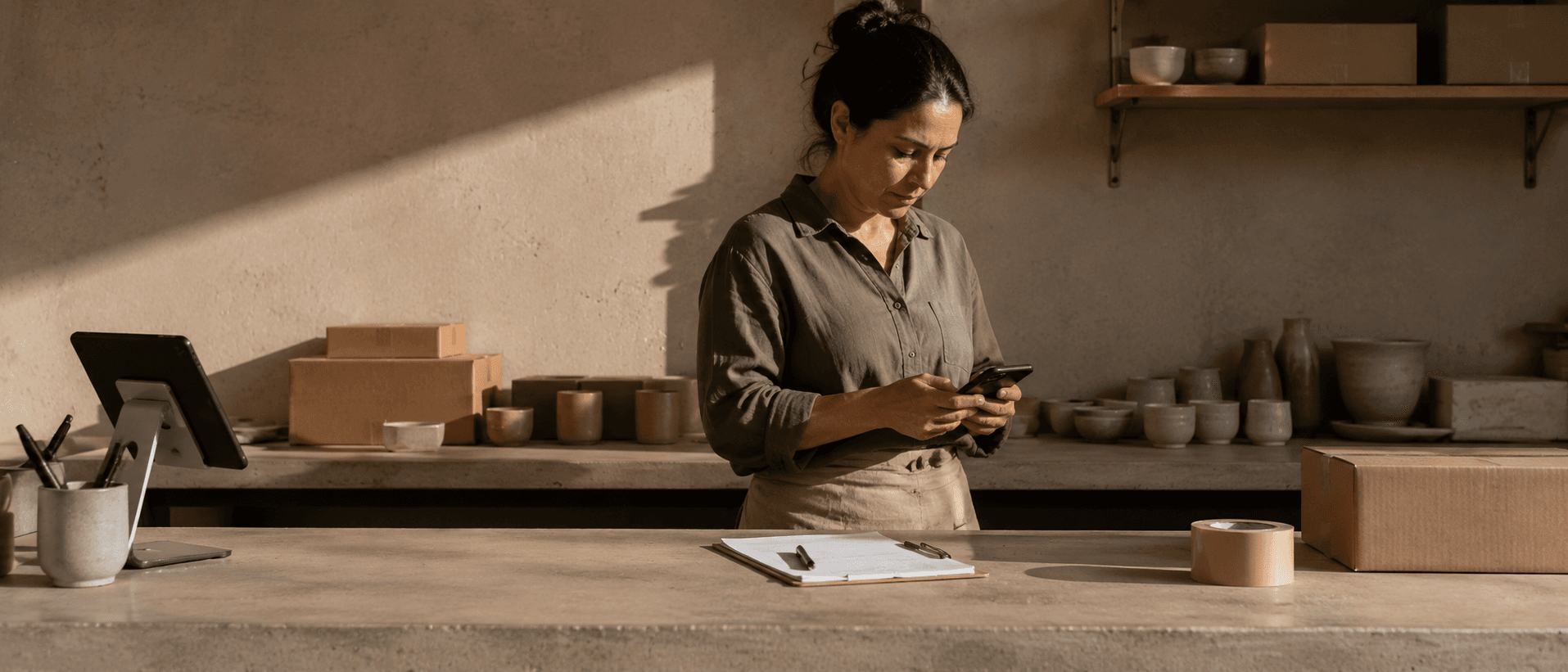 A woman answers her ceramics workshop’s WhatsApp from the counter, with the packed orders behind her.